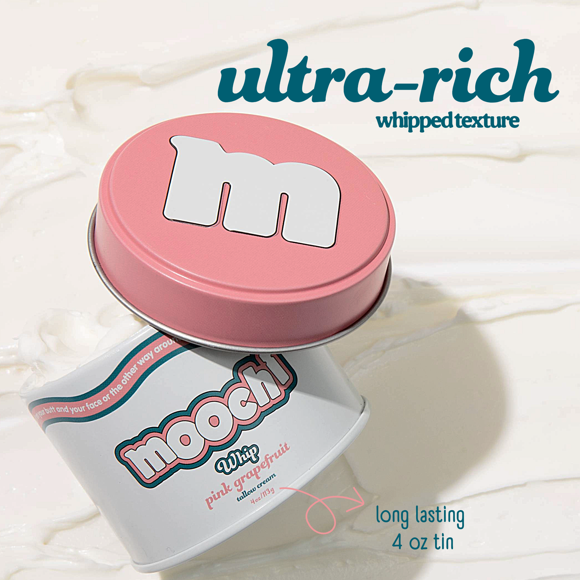 Moochi Pink Grapefruit Tallow Cream on whipped cream backdrop, highlighting ultra-rich whipped texture and long-lasting 4oz size