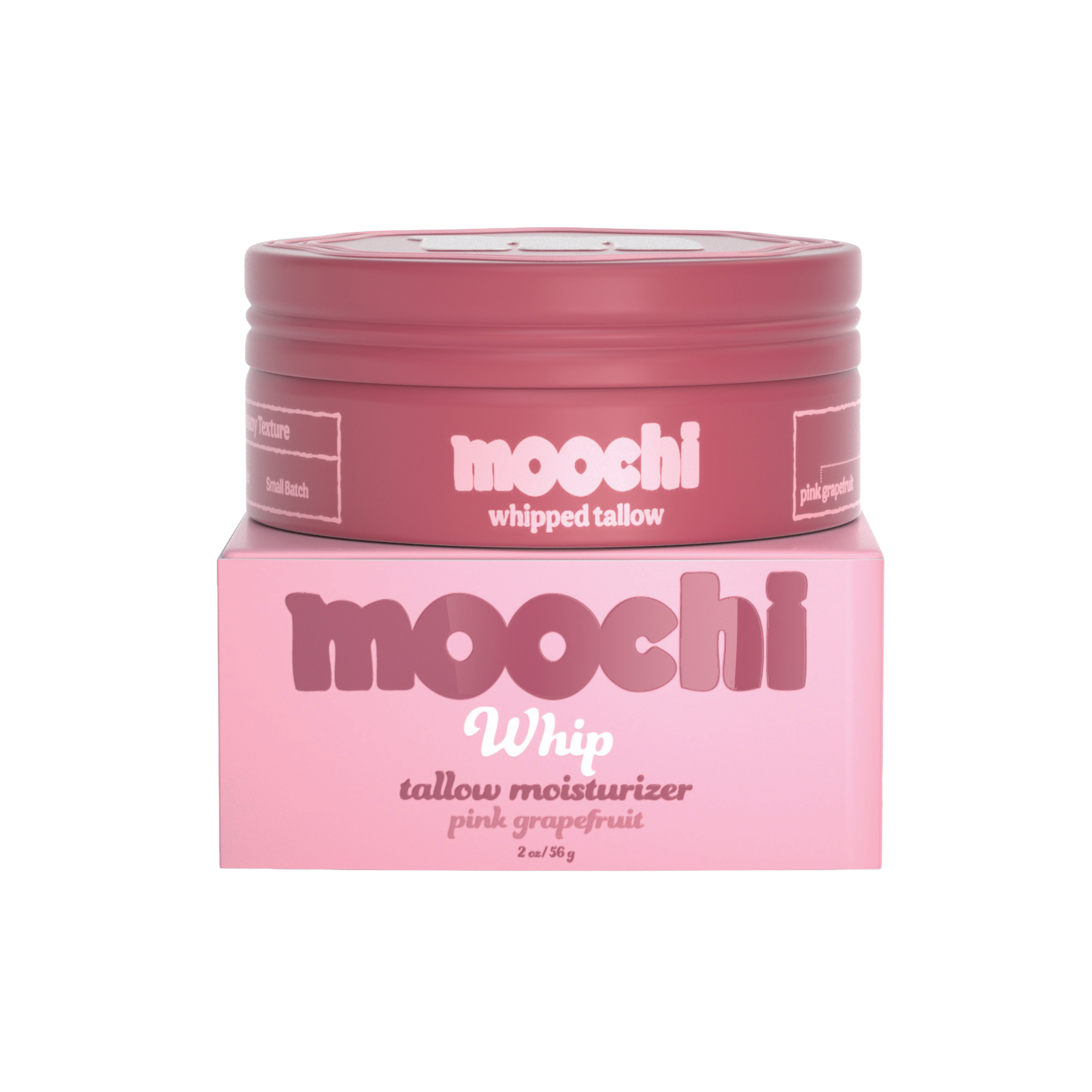 Pink jar of moochi whipped tallow moisturizer with pink packaging on a white background