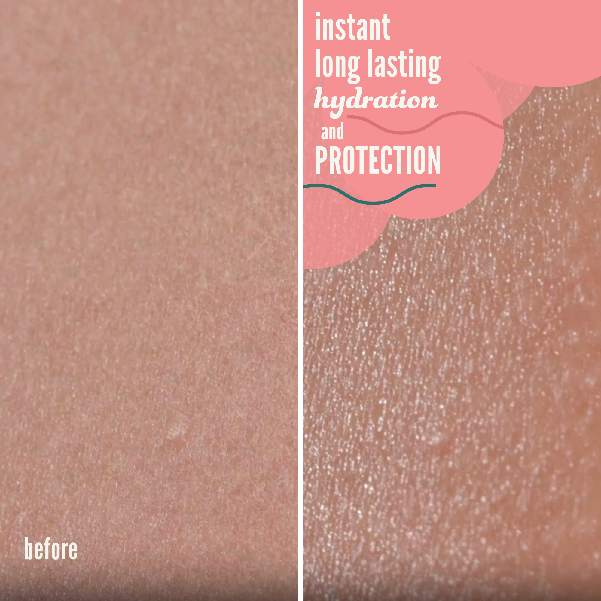 Before and after comparison of skin hydration with text 'instant long lasting hydration and PROTECTION'.