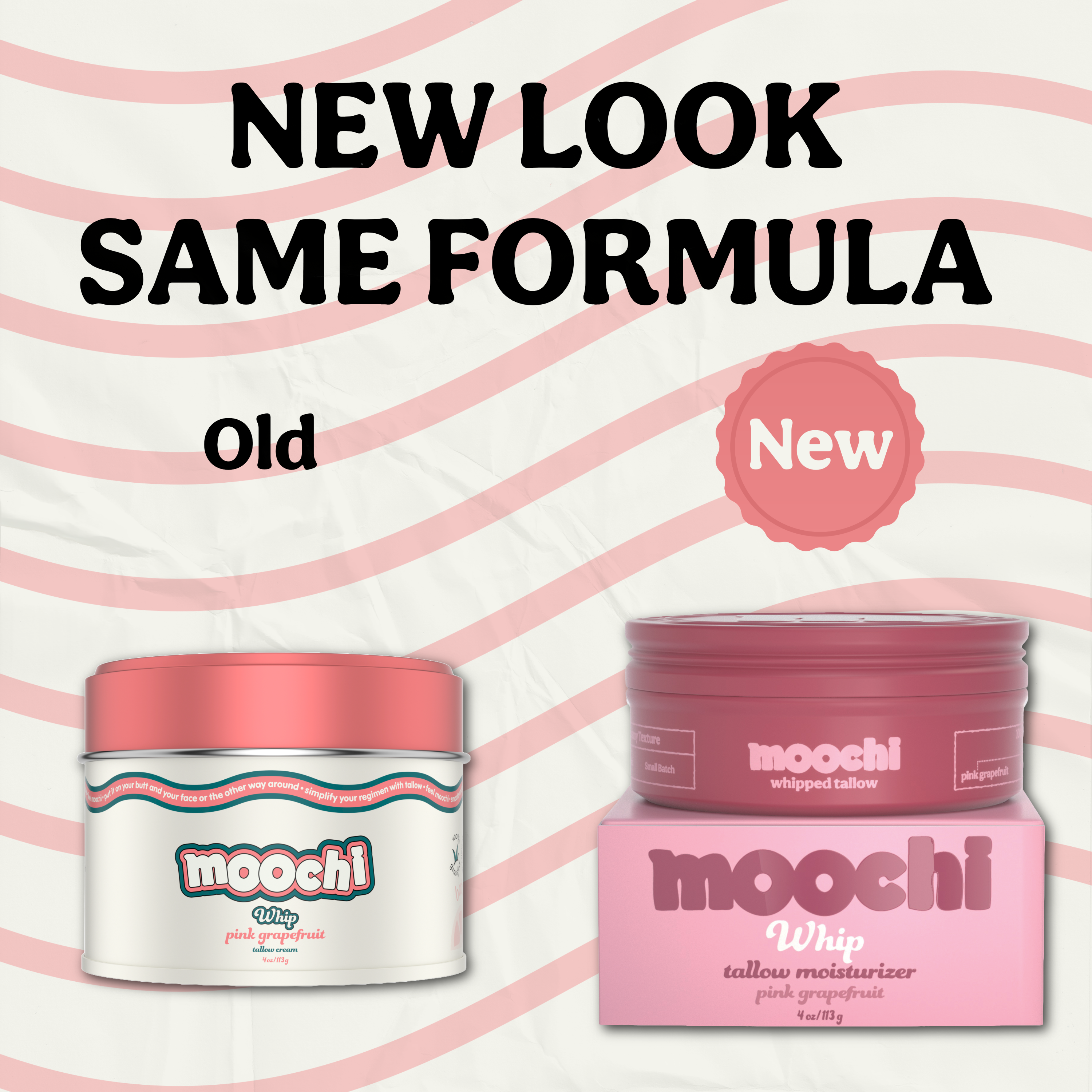 Two containers of moochi whippedillow with text 'New Look Same Formula' on a pink and white striped background.